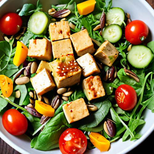 Home 15 **
A vibrant and colorful salad featuring smoked tofu cubes, mixed greens (like arugula and romaine), fresh seasonal vegetables (tomatoes, cucumbers, peppers), topped with a homemade vinaigrette dressing, pumpkin seeds, and sunflower seeds. The salad is in a bright, inviting bowl, perhaps on a rustic wooden table. Focus on the fresh, crisp textures and the appetizing presentation.
**