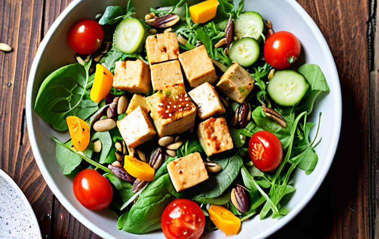 **
A vibrant and colorful salad featuring smoked tofu cubes, mixed greens (like arugula and romaine), fresh seasonal vegetables (tomatoes, cucumbers, peppers), topped with a homemade vinaigrette dressing, pumpkin seeds, and sunflower seeds. The salad is in a bright, inviting bowl, perhaps on a rustic wooden table. Focus on the fresh, crisp textures and the appetizing presentation.
**