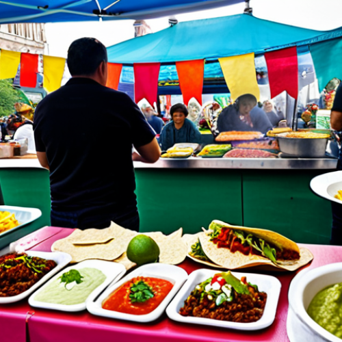 Home 14 **
"A colorful and vibrant street food scene in a bustling Polish market square, filled with people enjoying vegetarian tacos. The tacos feature plant-based meat fillings, topped with fresh salsa, guacamole, and sour cream. Stalls are decorated with Mexican-inspired banners and Polish folk art elements. Safe for work, appropriate content, fully clothed patrons, professional photography, high quality, perfect anatomy, natural proportions, family-friendly."
**