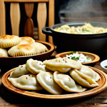 Vegan Pierogi Feast**

A table laden with a variety of vegan pierogi. Some are filled with cabbage and mushrooms, others with spinach and cashew "feta". Steaming bowls of broth are nearby. The pierogi are arranged artfully on rustic wooden plates. Background shows a cozy Polish kitchen with traditional decorations. safe for work, appropriate content, fully clothed, professional food photography, perfect anatomy (referring to the pierogi), natural proportions, high quality, family-friendly.

**