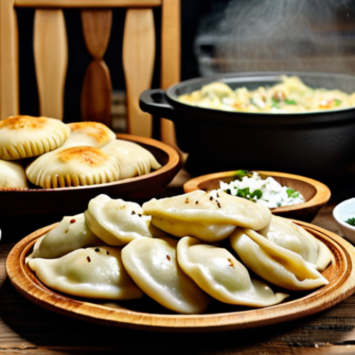 Home 7 Vegan Pierogi Feast**
A table laden with a variety of vegan pierogi. Some are filled with cabbage and mushrooms, others with spinach and cashew "feta". Steaming bowls of broth are nearby. The pierogi are arranged artfully on rustic wooden plates. Background shows a cozy Polish kitchen with traditional decorations. safe for work, appropriate content, fully clothed, professional food photography, perfect anatomy (referring to the pierogi), natural proportions, high quality, family-friendly.
**