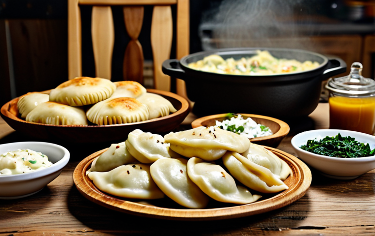 Vegan Pierogi Feast**
A table laden with a variety of vegan pierogi. Some are filled with cabbage and mushrooms, others with spinach and cashew "feta". Steaming bowls of broth are nearby. The pierogi are arranged artfully on rustic wooden plates. Background shows a cozy Polish kitchen with traditional decorations. safe for work, appropriate content, fully clothed, professional food photography, perfect anatomy (referring to the pierogi), natural proportions, high quality, family-friendly.
**